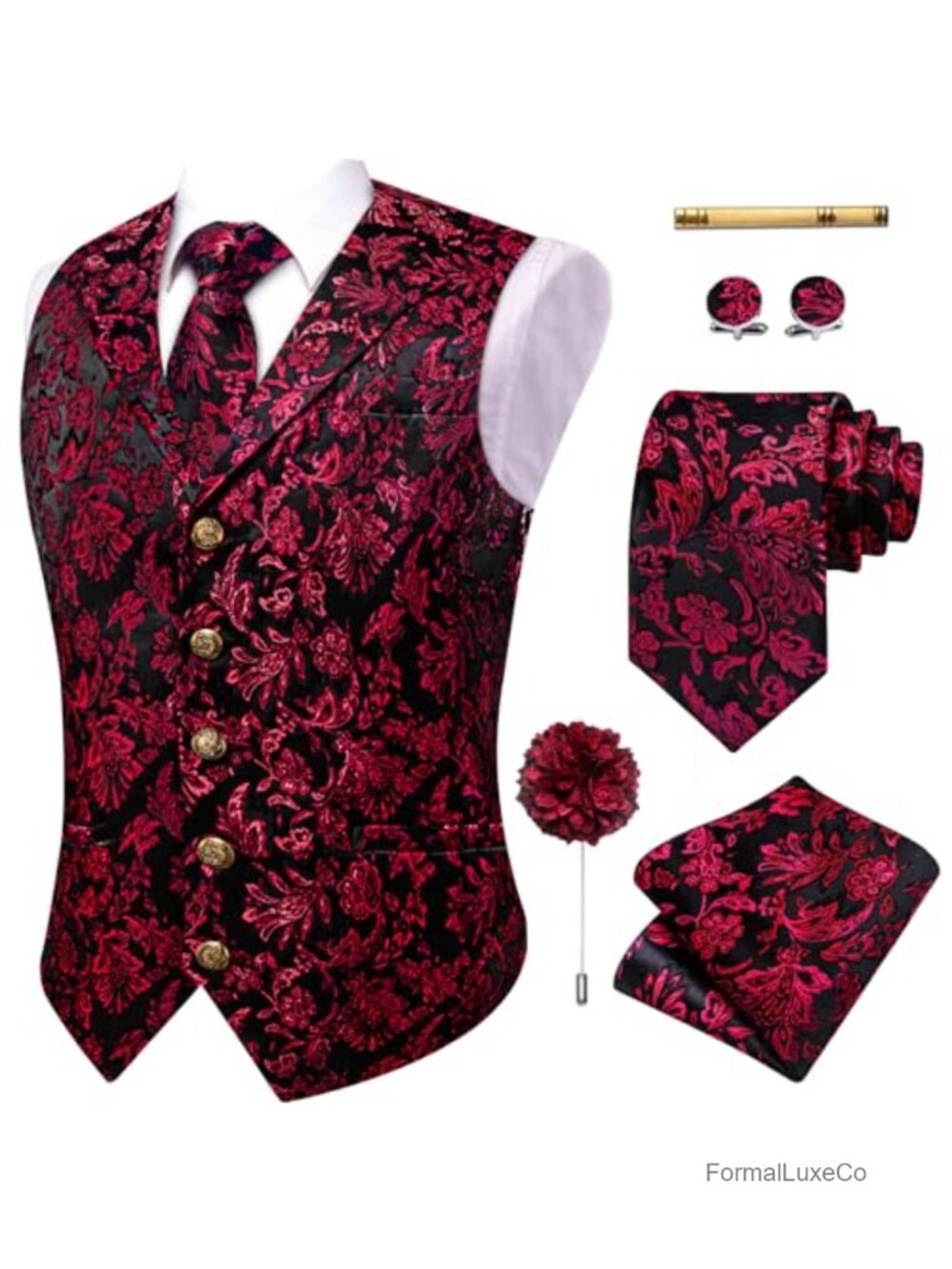 Mens Vest Tie Set Shawl Collar Silk Paisley Formal Waistcoat 6-Piece